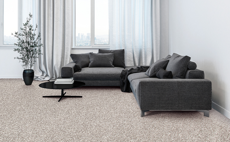 living room with light carpet and dark couch